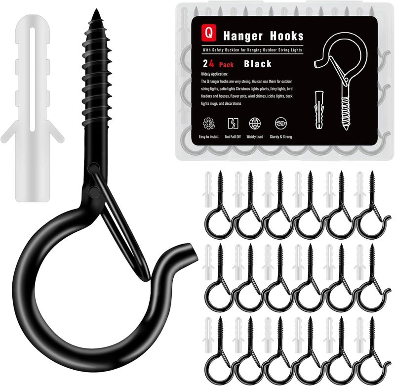 KULOLO 24 Pack Black Screw Hooks with Safety Buckle - 2.3 Inch Rustproof Eye Ceiling Hooks for Hanging Plants,Outdoor String Lights,Baskets,Christmas Lights & Decor,40lb Capacity (24, Black) - Image 1
